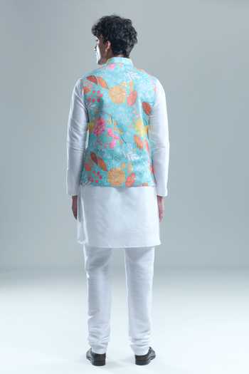 Shop_Arihant Rai Sinha_Blue Cotton, Silk Foil Printing Garden Bandi And Kurta Set _at_Aza_Fashions