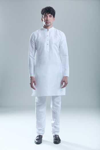 Shop_Arihant Rai Sinha_Blue Cotton, Silk Foil Printing Garden Bandi And Kurta Set _Online_at_Aza_Fashions