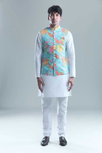 Arihant Rai Sinha_Blue Cotton, Silk Foil Printing Garden Bandi And Kurta Set _at_Aza_Fashions