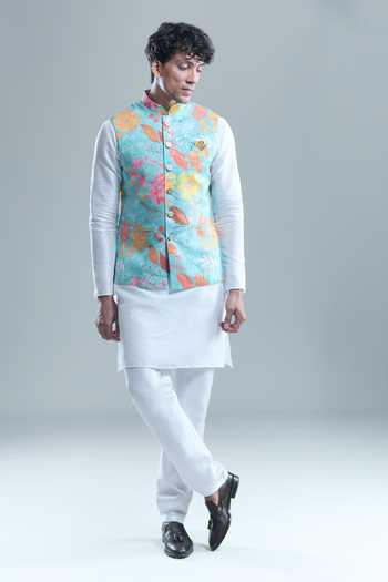Buy_Arihant Rai Sinha_Blue Cotton, Silk Foil Printing Garden Bandi And Kurta Set 