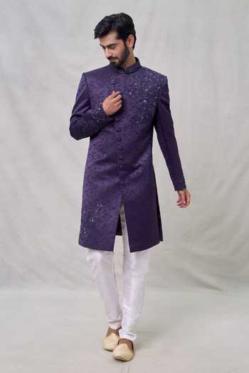 Buy_Arihant Rai Sinha_Purple Silk, Faux Leather Cut Work, Embroidery Threadwork Sherwani Set 