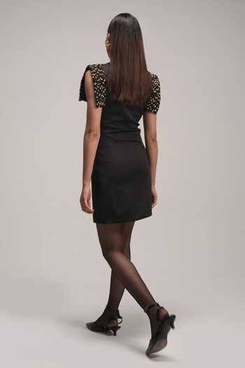Zilaire_Black Scuba Boat Neck Placement Embroidered Dress _Online_at_Aza_Fashions