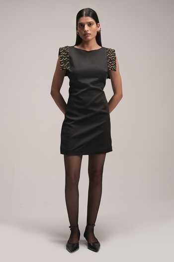 Buy_Zilaire_Black Scuba Boat Neck Placement Embroidered Dress _Online_at_Aza_Fashions