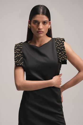 Shop_Zilaire_Black Scuba Boat Neck Placement Embroidered Dress _Online_at_Aza_Fashions
