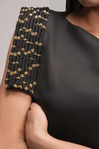 Zilaire_Black Scuba Boat Neck Placement Embroidered Dress _at_Aza_Fashions