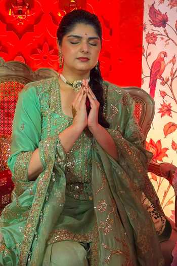 Shop_Punit Balana_Green Silk, Organza Square Neck Sage Embroidered Farshi Kurta Set _Online_at_Aza_Fashions