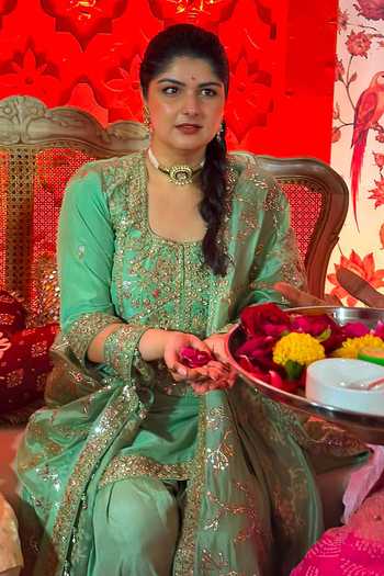 Punit Balana_Green Silk, Organza Square Neck Sage Embroidered Farshi Kurta Set _Online_at_Aza_Fashions
