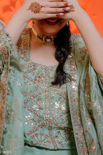 Punit Balana_Green Silk, Organza Square Neck Sage Embroidered Farshi Kurta Set _at_Aza_Fashions
