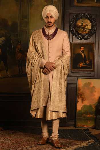Buy_Punit Arora_Gold Silk Embroidered Sherwani Set _at_Aza_Fashions