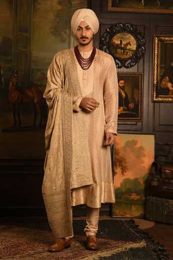 Punit Arora_Gold Silk Embroidered Sherwani Set _Online_at_Aza_Fashions