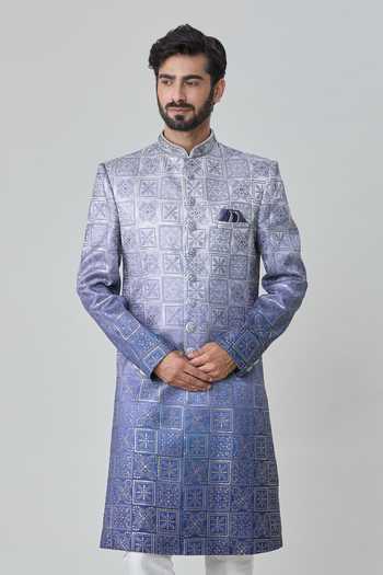 Buy_Arihant Rai Sinha_Blue Silk, Faux Leather, Cotton Embroidery Flower Tile Sherwani With Churidar _at_Aza_Fashions