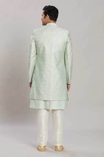 Arihant Rai Sinha_Green Silk, Satin Sequins, Embroidery Sherwani Aligadhi Pant Set _Online_at_Aza_Fashions