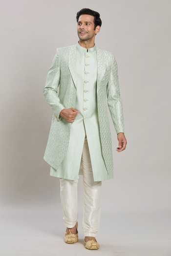 Buy_Arihant Rai Sinha_Green Silk, Satin Sequins, Embroidery Sherwani Aligadhi Pant Set _Online_at_Aza_Fashions