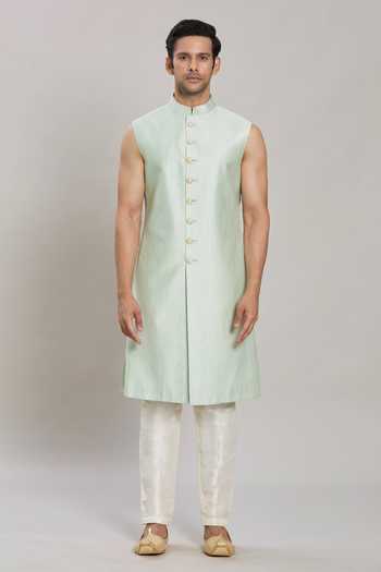Arihant Rai Sinha_Green Silk, Satin Sequins, Embroidery Sherwani Aligadhi Pant Set _at_Aza_Fashions