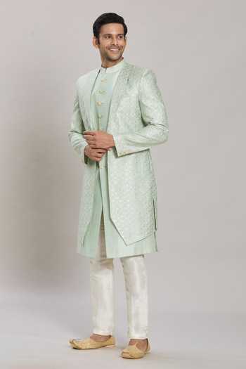Buy_Arihant Rai Sinha_Green Silk, Satin Sequins, Embroidery Sherwani Aligadhi Pant Set 
