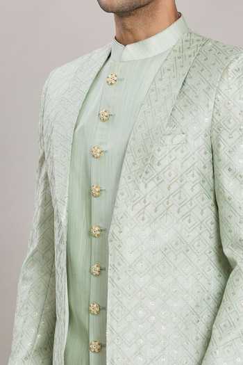 Shop_Arihant Rai Sinha_Green Silk, Satin Sequins, Embroidery Sherwani Aligadhi Pant Set 