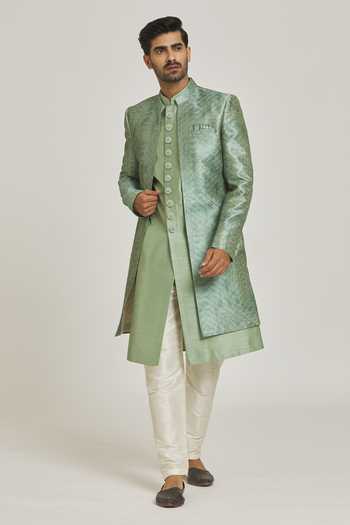 Buy_Arihant Rai Sinha_Green Silk, Polyester Embroidery Thread Work And Printed Sherwani Set 