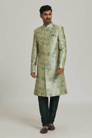Buy_Arihant Rai Sinha_Green Silk, Chanderi Embroidery Floral Watercolour Print Sherwani With Churidar 
