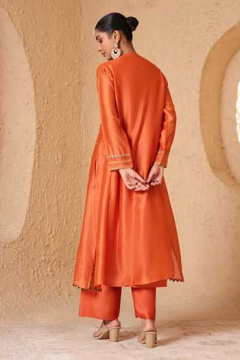 Shop_Label Niti Bothra_Orange Silk, Chanderi, Tencel Round Neck Mehrang Embroidered Kurta And Pant Set _at_Aza_Fashions