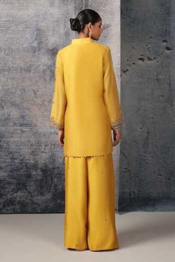Shop_Label Niti Bothra_Yellow Silk, Chanderi, Tencel, Organza Split V-neck, Mehrang Short Kurta Set _at_Aza_Fashions