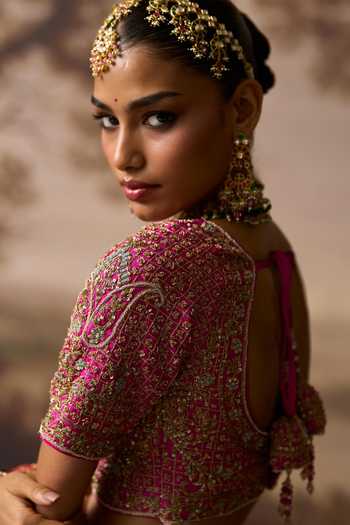 ANGAD SINGH_Pink Silk Sweetheart Neck Saawan Raw Embroidered Bridal Lehenga Set _Online_at_Aza_Fashions