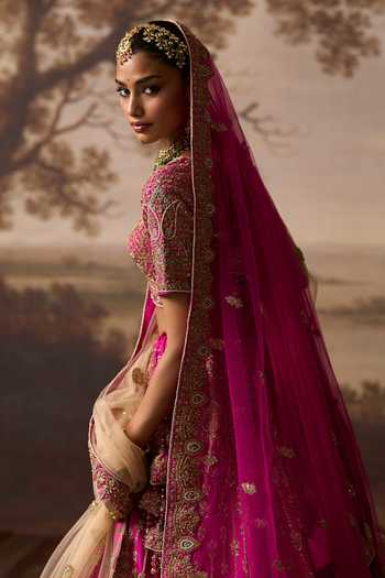 Buy_ANGAD SINGH_Pink Silk Sweetheart Neck Saawan Raw Embroidered Bridal Lehenga Set _Online_at_Aza_Fashions