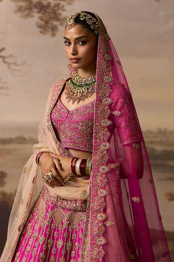 ANGAD SINGH_Pink Silk Sweetheart Neck Saawan Raw Embroidered Bridal Lehenga Set _at_Aza_Fashions