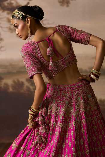 Shop_ANGAD SINGH_Pink Silk Sweetheart Neck Saawan Raw Embroidered Bridal Lehenga Set _at_Aza_Fashions