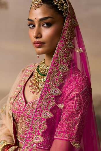 Buy_ANGAD SINGH_Pink Silk Sweetheart Neck Saawan Raw Embroidered Bridal Lehenga Set 