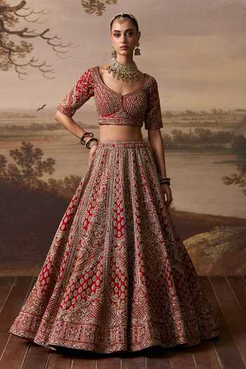 Shop_ANGAD SINGH_Red Silk Sweetheart Neck Chenab Embroidered Bridal Lehenga Set _Online_at_Aza_Fashions