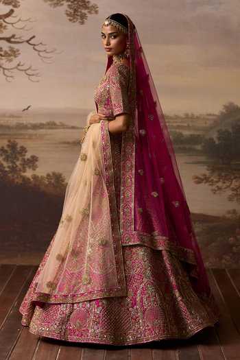 ANGAD SINGH_Pink Silk Sweetheart Neck Sehaj Paisley Embroidered Bridal Lehenga Set _Online_at_Aza_Fashions