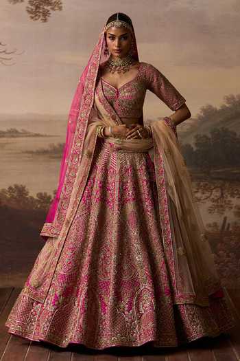 ANGAD SINGH_Pink Silk Sweetheart Neck Sehaj Paisley Embroidered Bridal Lehenga Set _at_Aza_Fashions