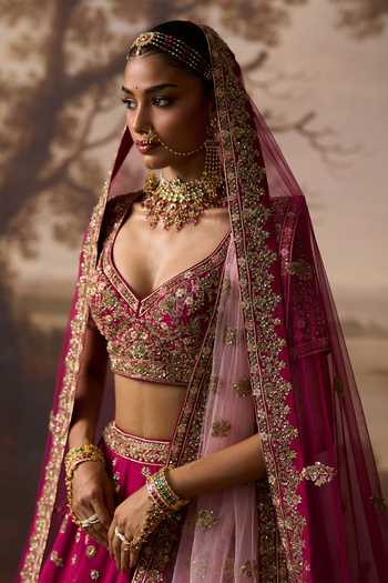 ANGAD SINGH_Red Silk Leaf Neck Lehar Raw Bridal Lehenga Set _at_Aza_Fashions