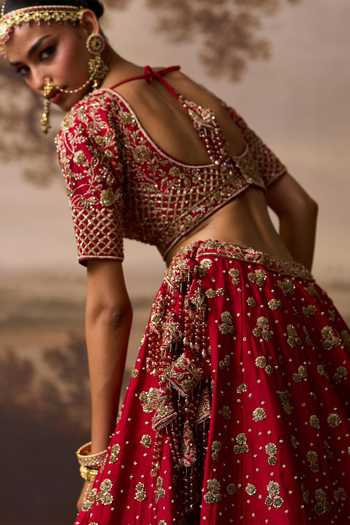 ANGAD SINGH_Red Silk V-neck Darshan Raw Bridal Lehenga Set _Online_at_Aza_Fashions