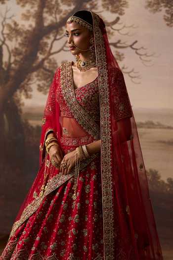 ANGAD SINGH_Red Silk V-neck Darshan Raw Bridal Lehenga Set _at_Aza_Fashions