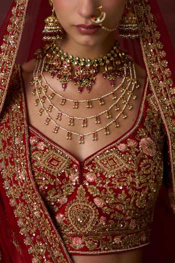 ANGAD SINGH_Red Silk Sweetheart Neck Mehr Raw Bridal Lehenga Set _at_Aza_Fashions