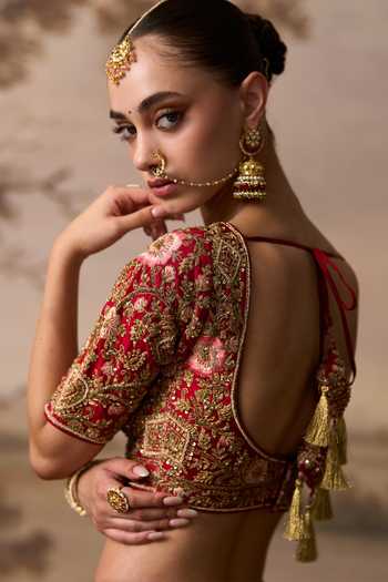Shop_ANGAD SINGH_Red Silk Sweetheart Neck Mehr Raw Bridal Lehenga Set _at_Aza_Fashions