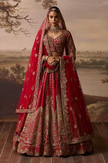 Buy_ANGAD SINGH_Red Silk Karam Embroidered Bridal Lehenga Set _at_Aza_Fashions