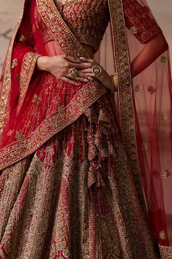 ANGAD SINGH_Red Silk Deep Neck Amrit Embroidered Bridal Lehenga Set _at_Aza_Fashions