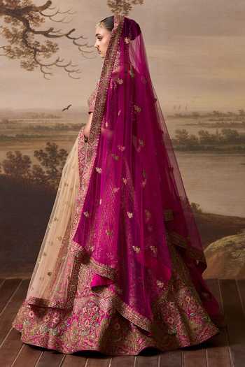 Shop_ANGAD SINGH_Pink Silk Sweetheart Neck Mauj Raw Bridal Lehenga Set _at_Aza_Fashions