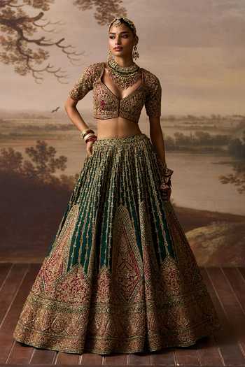 ANGAD SINGH_Emerald Green Silk V-neck Raavi Raw Bridal Lehenga Set _at_Aza_Fashions