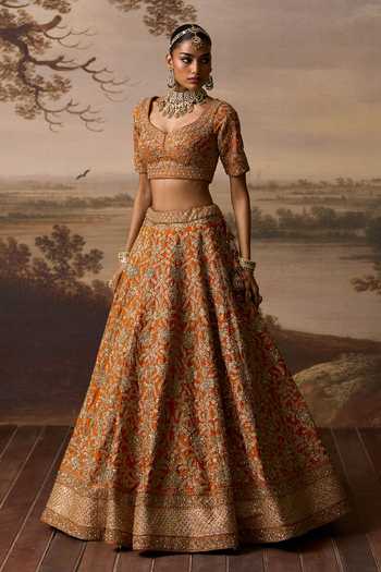 Shop_ANGAD SINGH_Orange Silk Sweetheart Neck Kesar Raw Bridal Lehenga Set _Online_at_Aza_Fashions