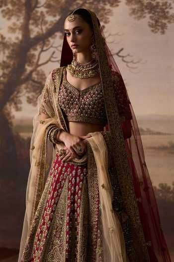 Buy_ANGAD SINGH_Maroon Silk Sweetheart Neck Beas Raw Bridal Lehenga Set _Online_at_Aza_Fashions