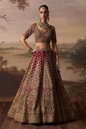 Shop_ANGAD SINGH_Maroon Silk Sweetheart Neck Beas Raw Bridal Lehenga Set _Online_at_Aza_Fashions