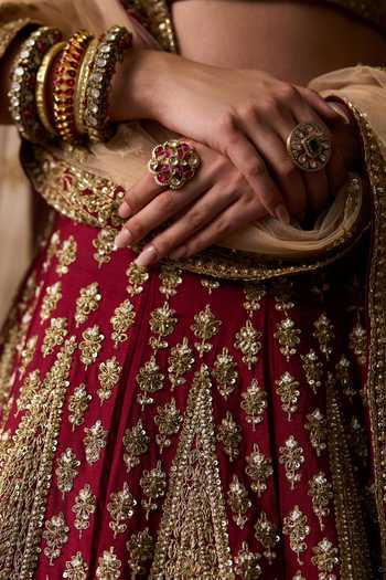 ANGAD SINGH_Maroon Silk Sweetheart Neck Beas Raw Bridal Lehenga Set _at_Aza_Fashions