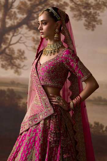 Buy_ANGAD SINGH_Pink Silk V-neck Jharna Embroidered Bridal Lehenga Set _Online_at_Aza_Fashions