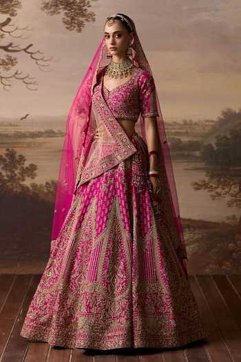 Shop_ANGAD SINGH_Pink Silk V-neck Jharna Embroidered Bridal Lehenga Set _Online_at_Aza_Fashions