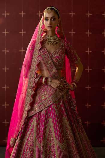 ANGAD SINGH_Pink Silk V-neck Jharna Embroidered Bridal Lehenga Set _at_Aza_Fashions