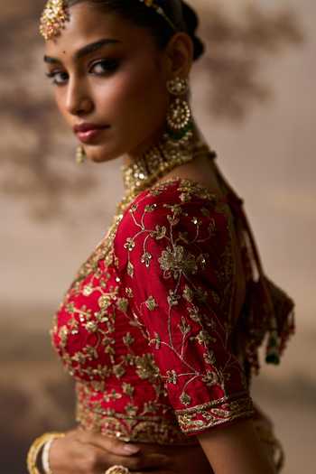 Buy_ANGAD SINGH_Red Silk Sweetheart Neck Kirpa Bridal Lehenga Blouse Set _Online_at_Aza_Fashions