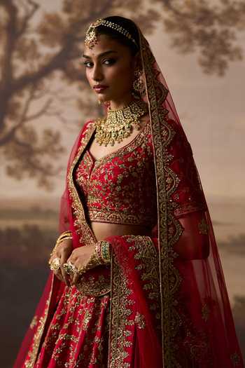 Shop_ANGAD SINGH_Red Silk Sweetheart Neck Kirpa Bridal Lehenga Blouse Set _Online_at_Aza_Fashions